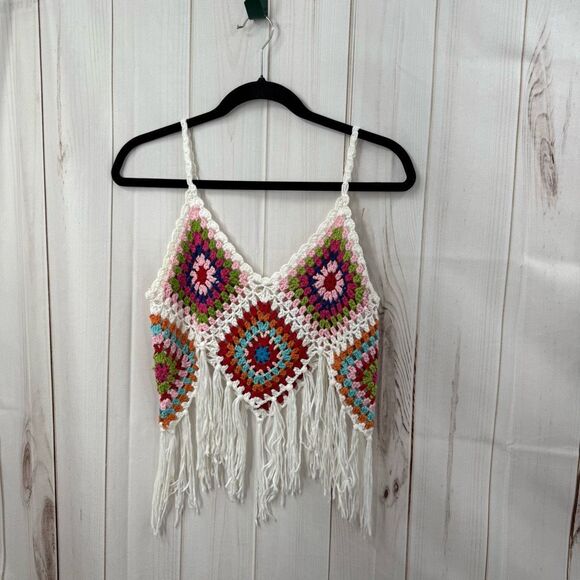No Brand Tops - Women’s One Size Boho Granny Square Crop Top Fringe Festival
